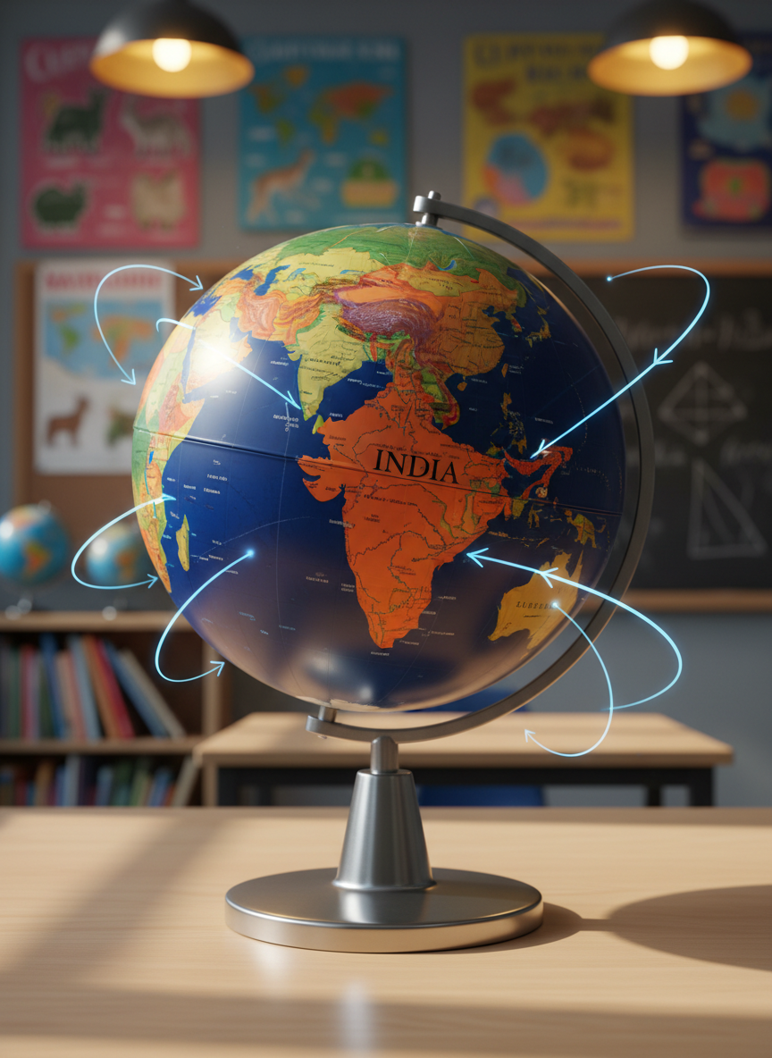 A richly detailed classroom globe with deep blue oceans and highly saturated landmasses stands on a sturdy brushed-metal base atop a smooth, light-colored wooden table. The globe is turned so that India is prominently visible in the foreground, with thin translucent arrows etched in the air around it, symbolizing global exchange. In the soft-focus background, colorful educational materials, maps, and a chalkboard with faint diagrams suggest a learning environment. Warm overhead lighting mixes with gentle window light to create crisp highlights on the globe’s glossy surface and subtle shadows around the base. Photographic realism, shot from a low-angle close-up, gives the scene an energetic, bold, and intellectually curious atmosphere.