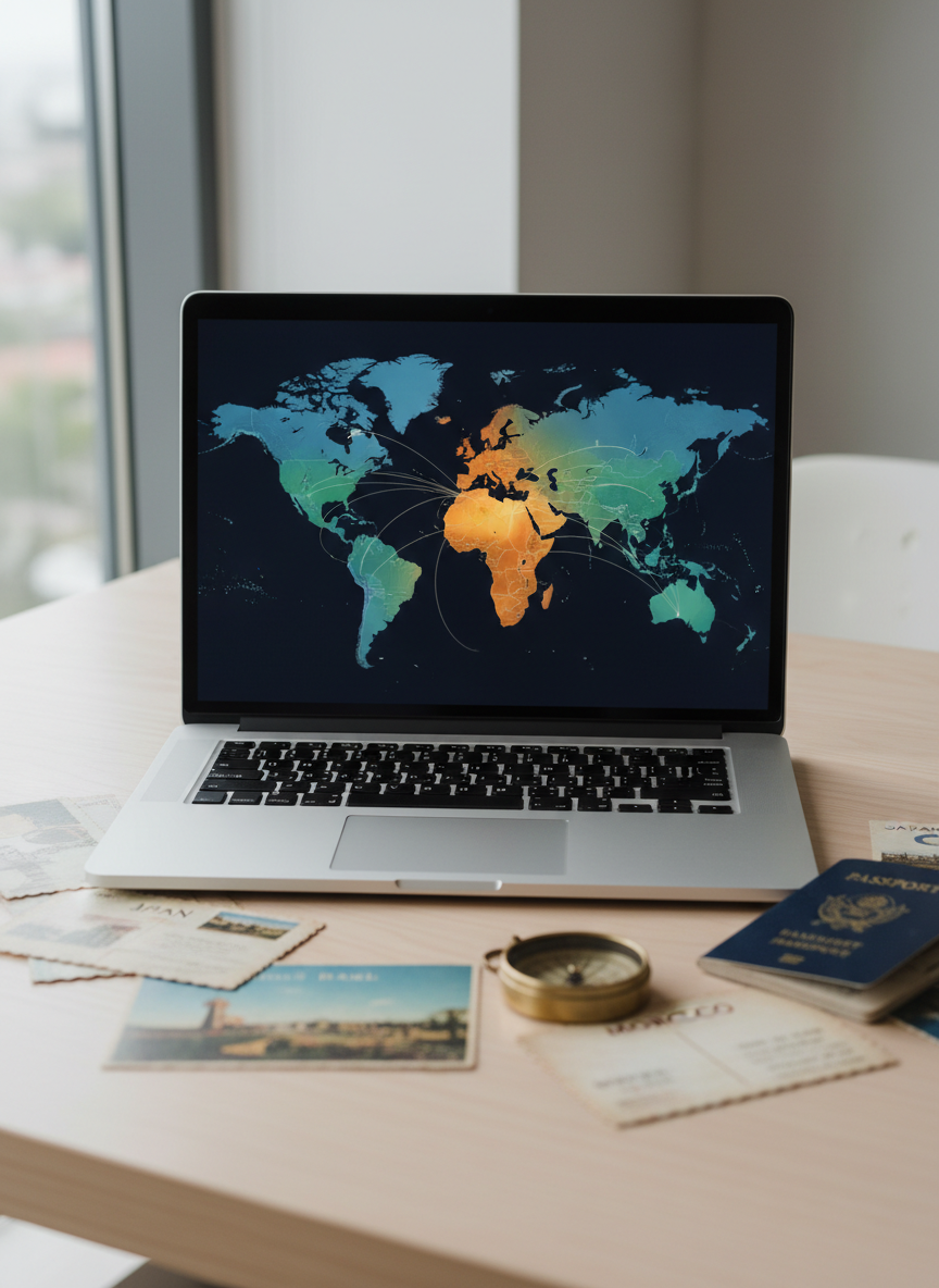 A sleek silver laptop on a clean, pale birch desk displays a vivid, full-screen map of the world with India glowing in saturated amber tones, radiating subtle lines toward every continent. Around the laptop, scattered postcards from various countries, a worn passport, and a small brass compass create textured layers of detail. Soft, diffused daylight from a nearby window gently illuminates the scene, producing crisp reflections on the laptop’s screen and delicate shadows from the paper edges. Captured at eye level in photographic realism with a shallow depth of field, the mood is bold, modern, and aspirational, suggesting digital storytelling and global citizenship in motion.