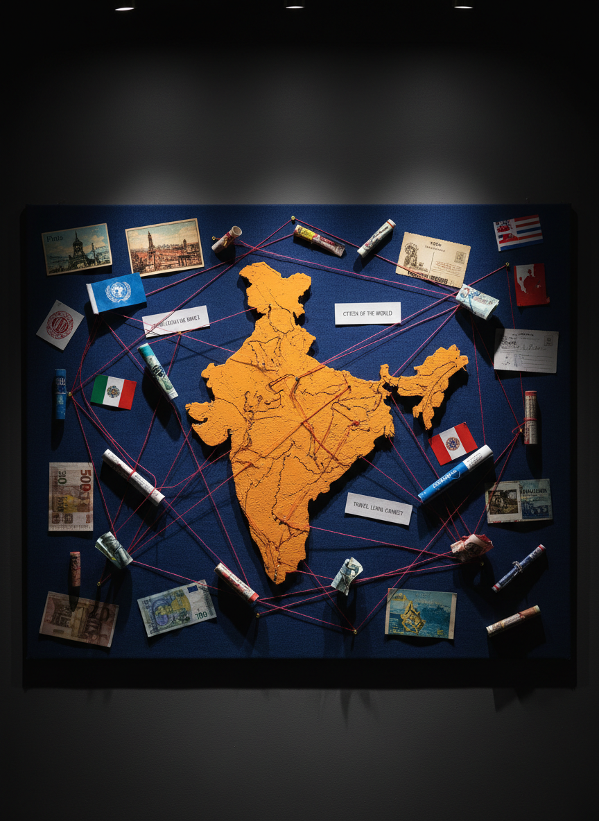 A dramatic, photographic-realism image of a long, horizontal bulletin board covered in rich indigo fabric, filled with neatly arranged, pinned artifacts from around the world. Centered is a large, detailed outline of India cut from thick, textured cardstock in deep saffron, surrounded by postcards, miniature flags, currency notes, ticket stubs, and printed quotes about global citizenship. Thin red connecting strings radiate outward from India to each artifact, forming a striking web across the board. Focused track lighting from above creates intense highlights on pins and glossy paper, with dark, moody shadows in the negative space. Shot straight-on with sharp focus throughout, the mood is bold, organized, and intellectually adventurous, ideal for illustrating interconnected global experiences.