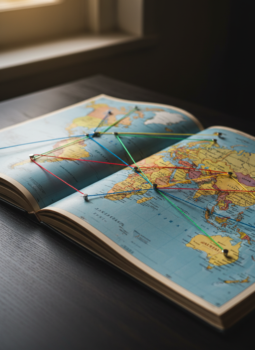 A bold, high-contrast close-up of an open world atlas lying flat on a dark, matte wooden desk, its pages focused sharply on India with surrounding countries softly fading out of focus. Thin, brightly colored strings stretch from India to distant points on the map, pinned with tiny metallic markers that catch the light. Golden afternoon sunlight streams in diagonally from an unseen window, creating dramatic highlights along the page creases and deep shadows at the edges. Shot from a slightly elevated angle in photographic realism, the composition uses the rule of thirds to emphasize India at center, conveying a dynamic, adventurous mood of global connection and exploration.