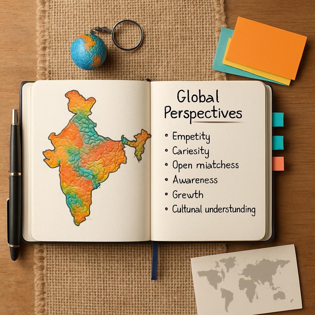 An overhead, photographic-realism composition of a travel journal opened to a handwritten page titled "Global Perspectives," resting on a textured jute fabric runner. On the left page, a meticulously sketched outline of India is filled with vibrant watercolor patterns, while the right page shows lists of concepts like empathy, curiosity, and cultural understanding, written in neat, dark ink. Colorful sticky tabs peek from the journal’s edges. Surrounding the journal are neatly arranged icons of learning: a fountain pen, a small globe keychain, a stack of brightly colored index cards, and a minimalist world map postcard. Soft morning light from the top of the frame washes the scene, casting delicate shadows and creating a calm yet boldly purposeful mood.