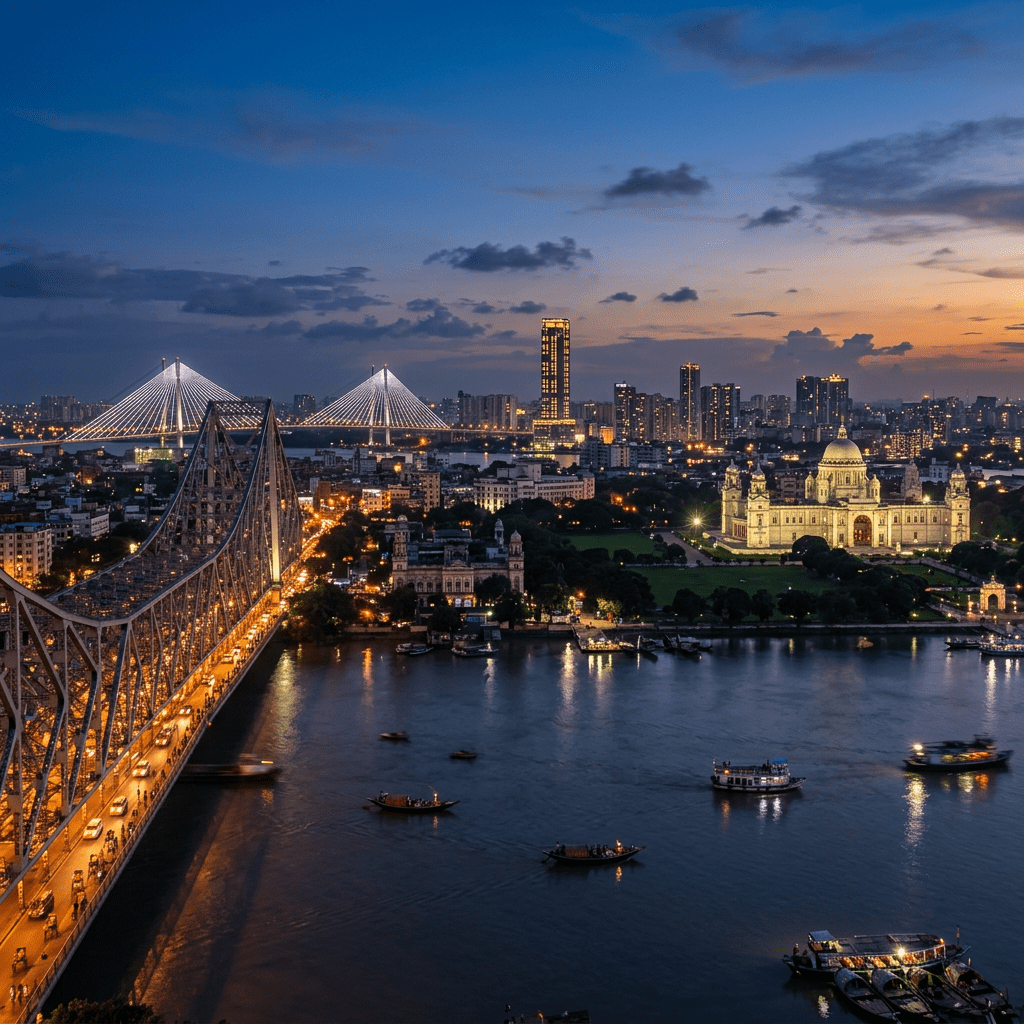 Illuminated Howrah Bridge and Victoria Memorial at dusk over Hooghly River in Kolkata