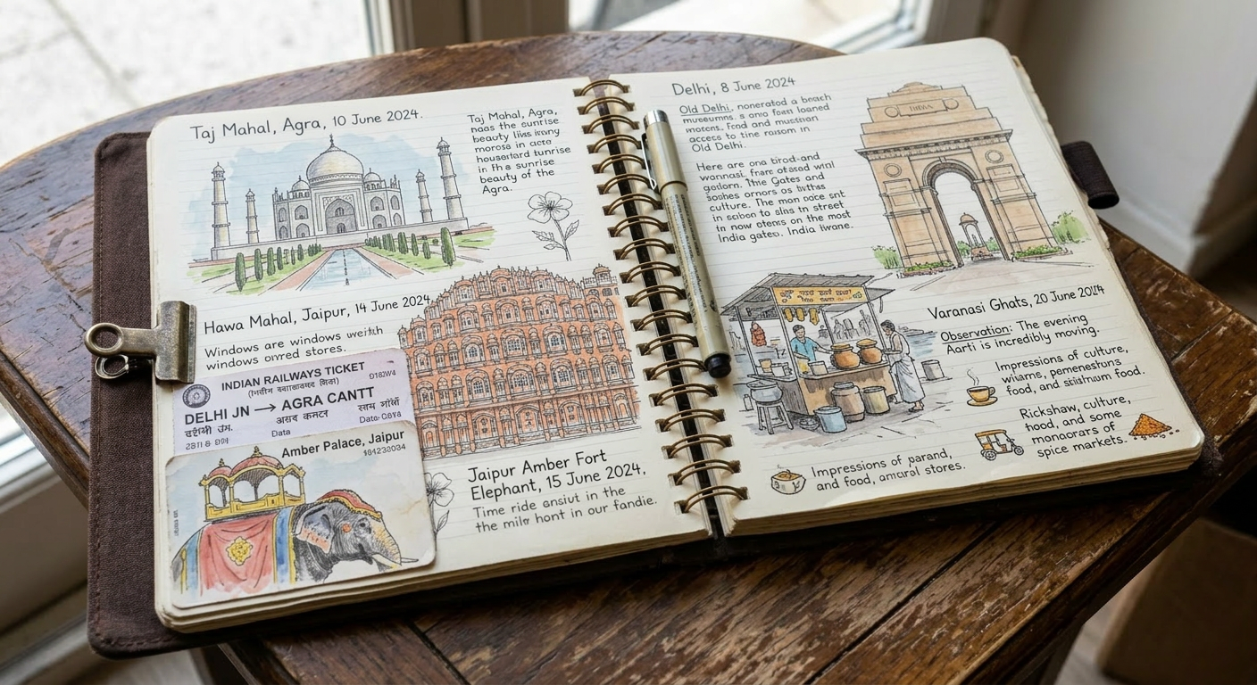Open travel journal with sketches of Café Greco, Venice canal, and Ponte Vecchio alongside handwritten notes and attached travel tickets
